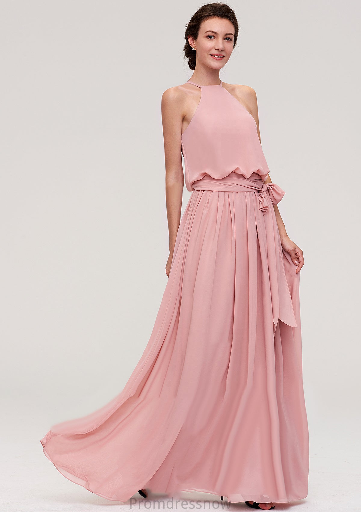 Sleeveless Scoop Neck A-line/Princess Chiffon Long/Floor-Length Bridesmaid Dresseses With Pleated Sashes Lexi HPP0025476