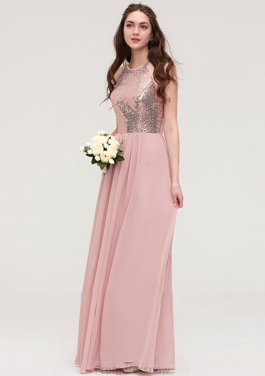 Sleeveless Bateau Long/Floor-Length Chiffon A-line/Princess Bridesmaid Dresses With Sequins Makaila HPP0025484