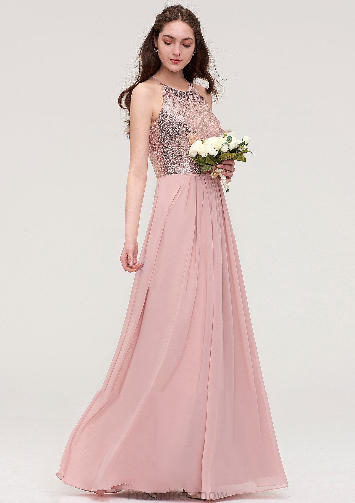 Sleeveless Bateau Long/Floor-Length Chiffon A-line/Princess Bridesmaid Dresses With Sequins Makaila HPP0025484