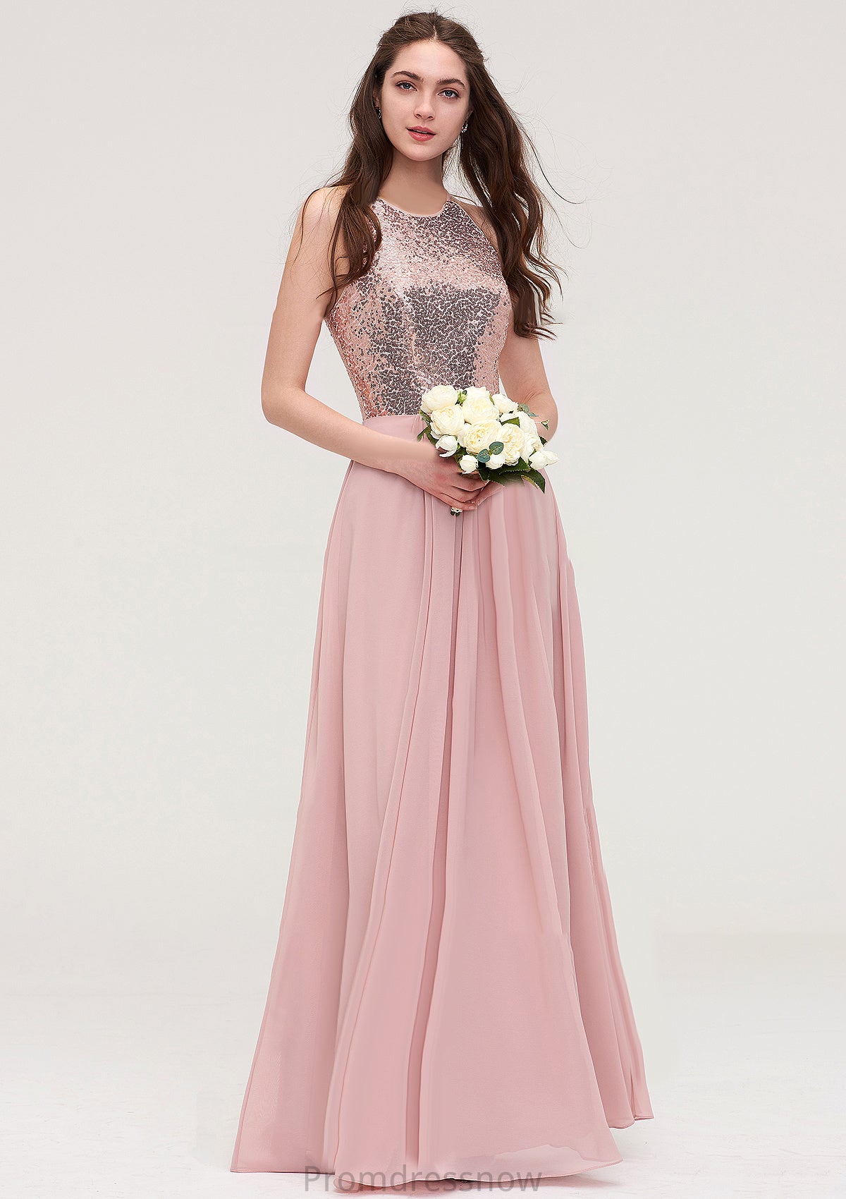 Sleeveless Bateau Long/Floor-Length Chiffon A-line/Princess Bridesmaid Dresses With Sequins Makaila HPP0025484