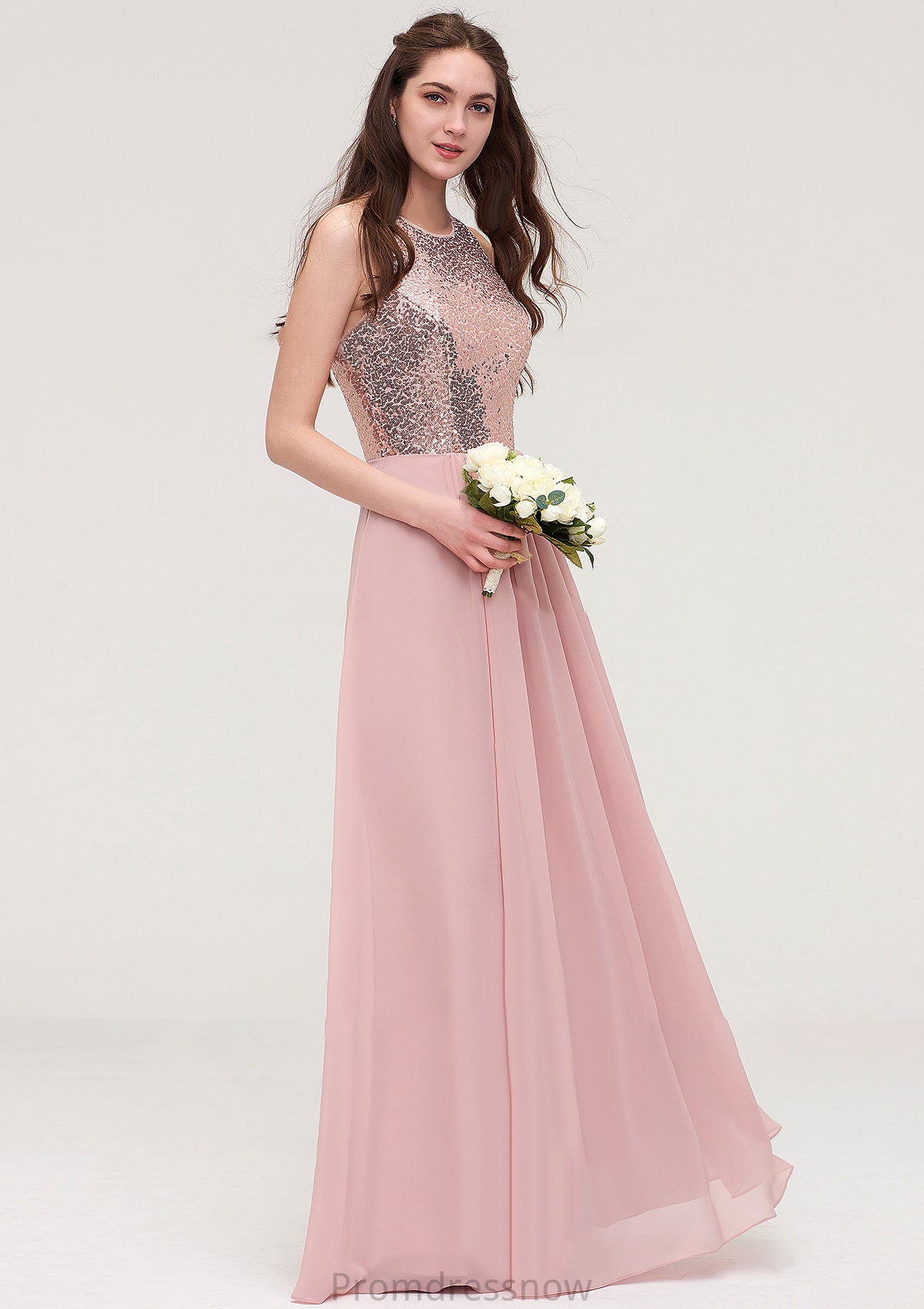 Sleeveless Bateau Long/Floor-Length Chiffon A-line/Princess Bridesmaid Dresses With Sequins Makaila HPP0025484