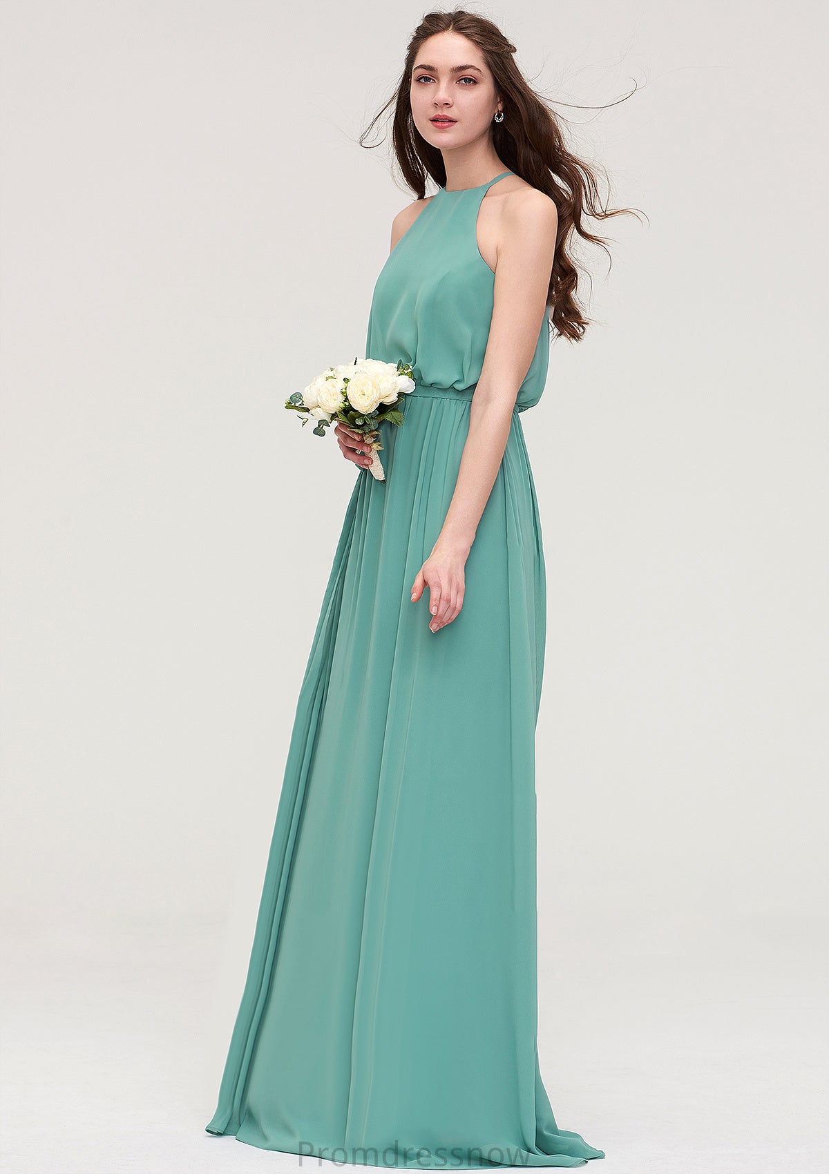 High-Neck Sleeveless Long/Floor-Length Chiffon A-line/Princess Bridesmaid Dresses With Sashes Myah HPP0025485