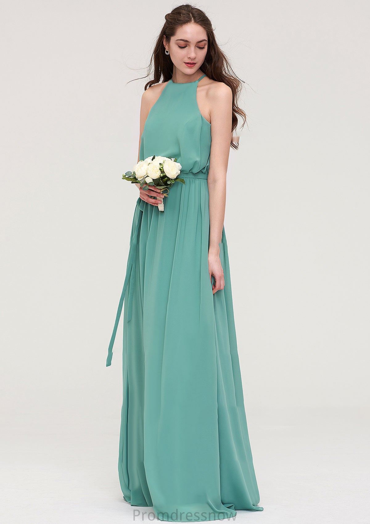 High-Neck Sleeveless Long/Floor-Length Chiffon A-line/Princess Bridesmaid Dresses With Sashes Myah HPP0025485