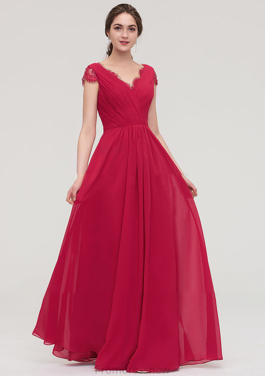 Sleeveless V Neck Long/Floor-Length Chiffon A-line/Princess Bridesmaid Dresses With Lace Pleated Viviana HPP0025486