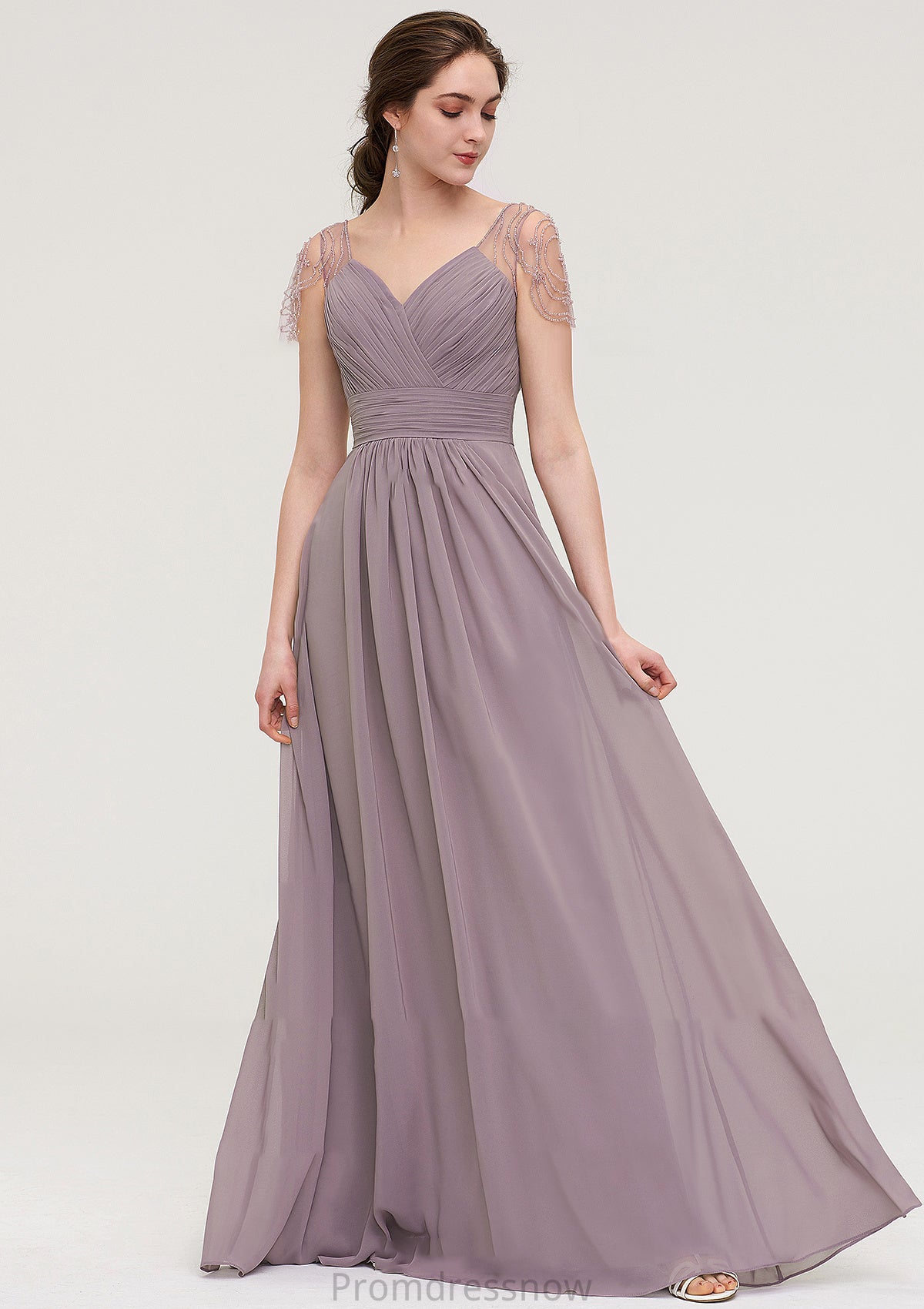 Short Sleeve Sweetheart Long/Floor-Length Chiffon A-line/Princess Bridesmaid Dresses With Pleated Beading Angeline HPP0025487