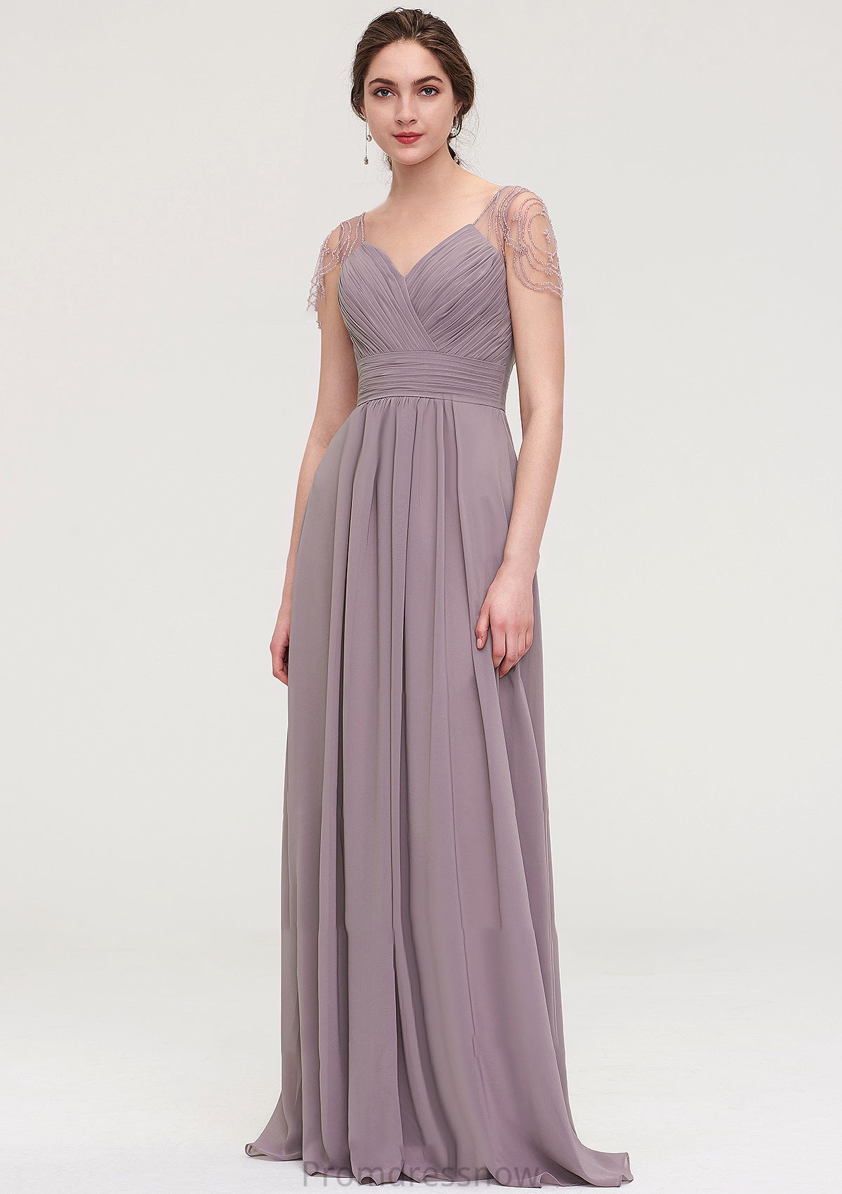 Short Sleeve Sweetheart Long/Floor-Length Chiffon A-line/Princess Bridesmaid Dresses With Pleated Beading Angeline HPP0025487