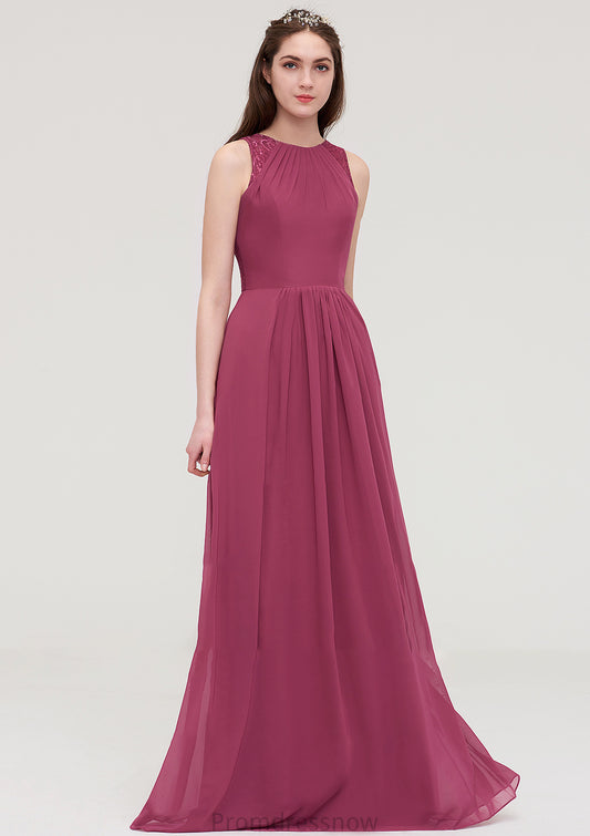 Bateau Sleeveless Long/Floor-Length Chiffon A-line/Princess Bridesmaid Dresses With Lace Pleated Parker HPP0025488