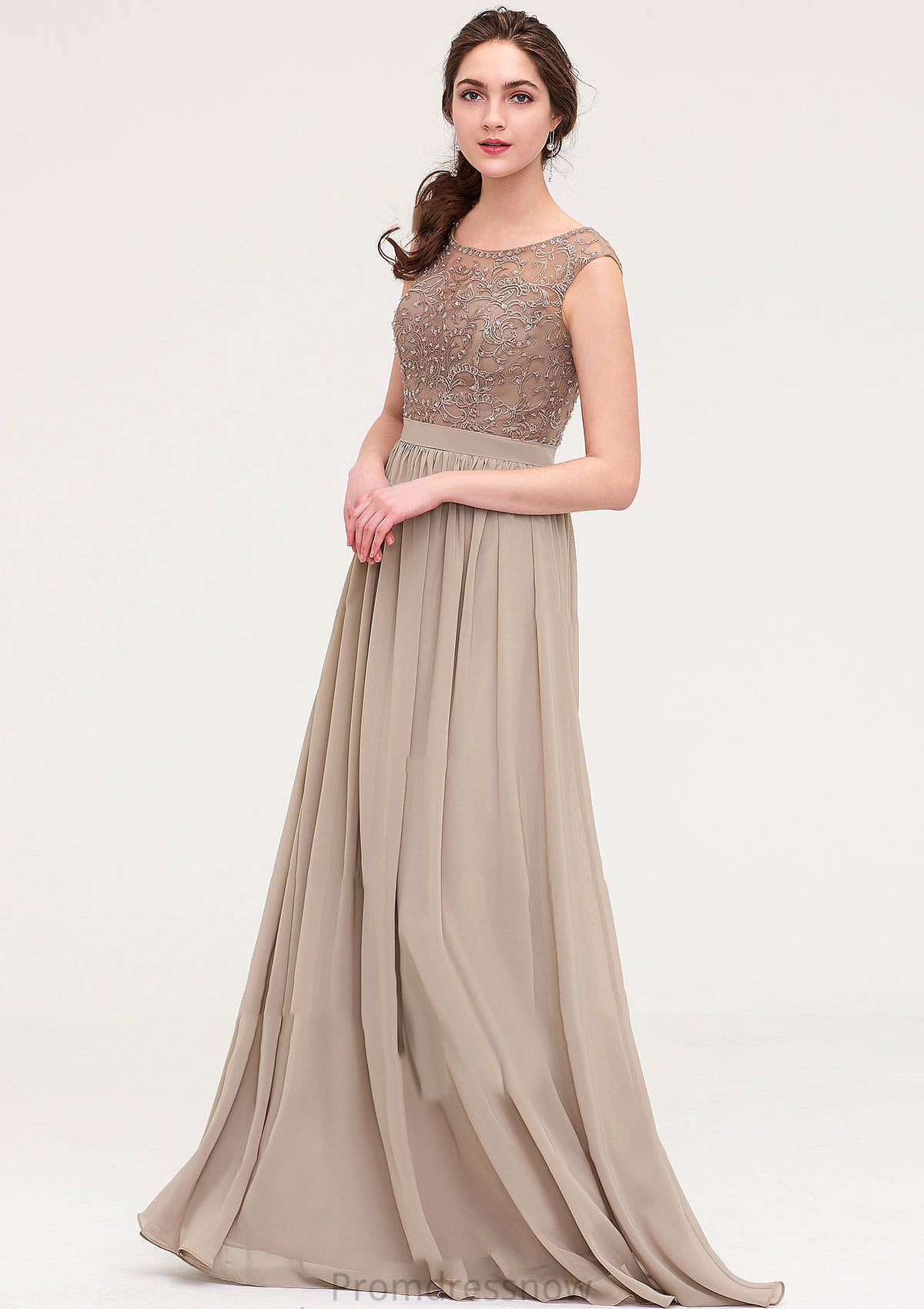 Sleeveless Scoop Neck Long/Floor-Length Chiffon A-line/Princess Bridesmaid Dresses With Sequins Beading Lace Pleated Michaelia HPP0025493