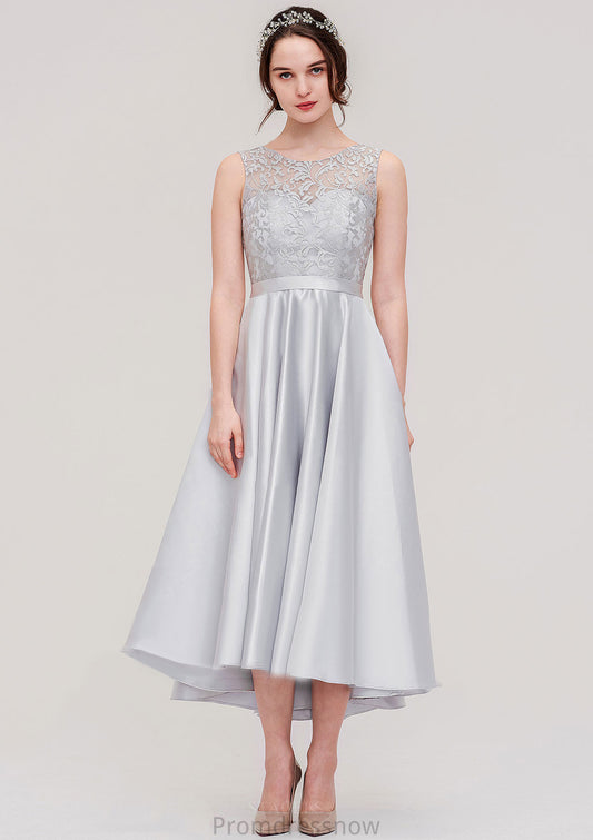 Bateau Sleeveless Tea-Length Satin A-line/Princess Bridesmaid Dresses With Sashes Lace Maci HPP0025495