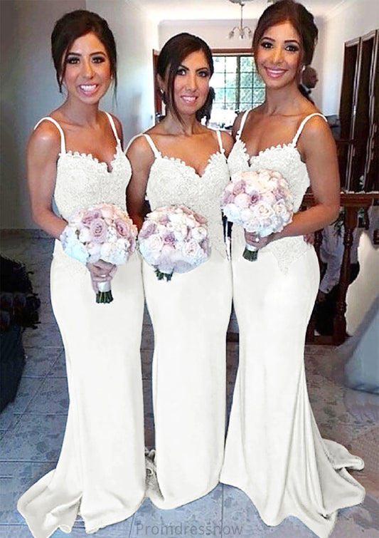 Sweetheart Court Train Sheath/Column Elastic Satin Bridesmaid Dresseses With Lace Phoebe HPP0025500