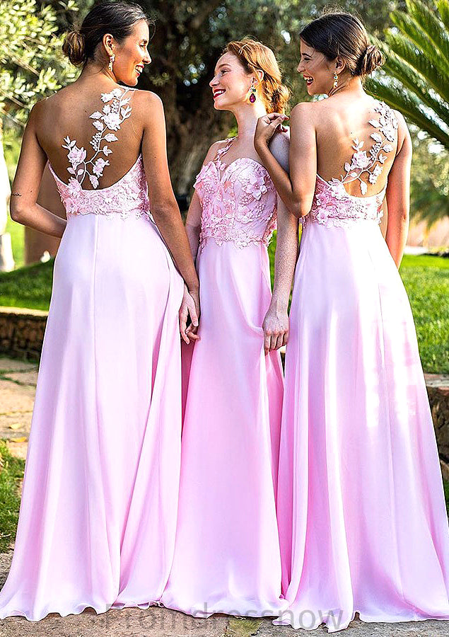 Sleeveless One-Shoulder Sweep Train A-line/Princess Chiffon Bridesmaid Dresseses With Appliqued Sandra HPP0025506