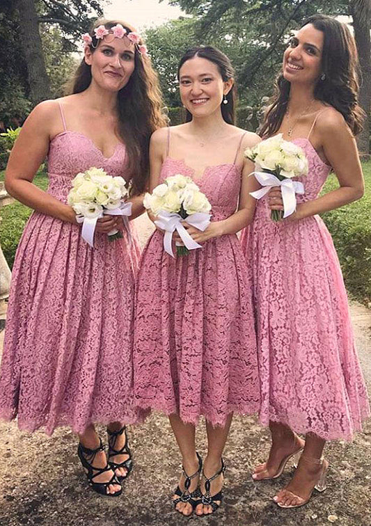 Sleeveless Sweetheart Tea-Length A-line/Princess Lace Bridesmaid Dresseses With Pleated Haylie HPP0025518