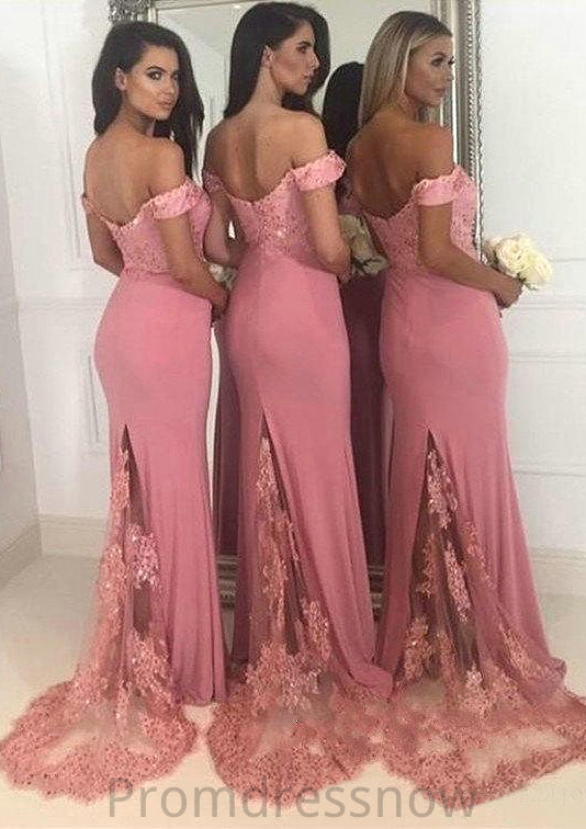 Sleeveless Off-the-Shoulder Sweep Train Sheath/Column Jersey Bridesmaid Dresseses With Lace Beading Claire HPP0025519