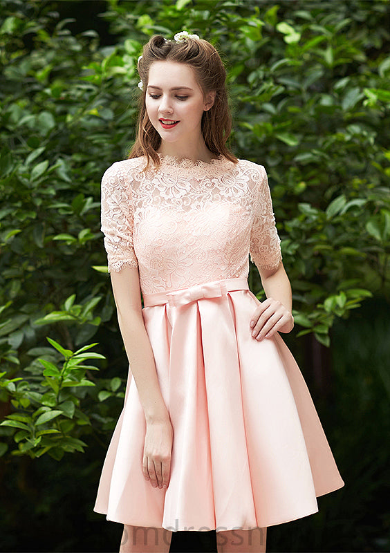 Bateau Short Sleeve Short/Mini A-line/Princess Satin Bridesmaid Dresses With Waistband Pleated Lace Millie HPP0025521