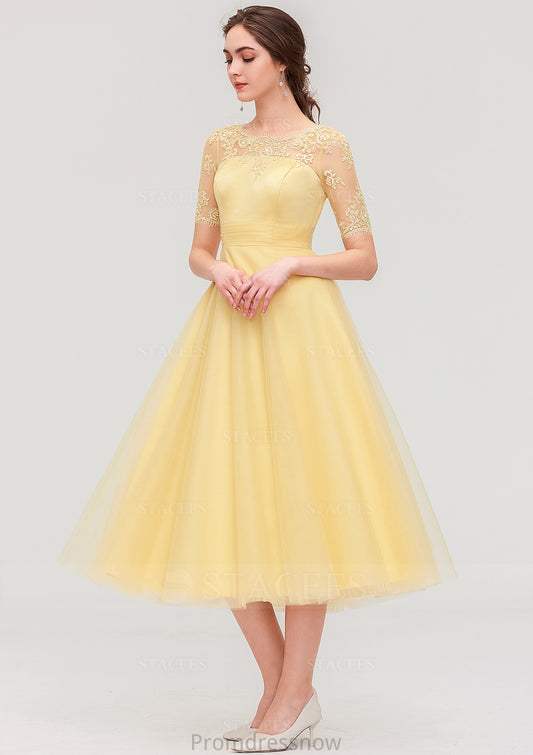 Bateau Short Sleeve A-line/Princess Tulle Tea-Length  Bridesmaid Dresses With Pleated Lace Rylie HPP0025522