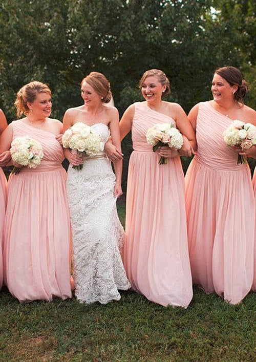 One-Shoulder A-Line/Princess Long/Floor-Length Chiffon Bridesmaid Dresses With Pleated Abby HPP0025529