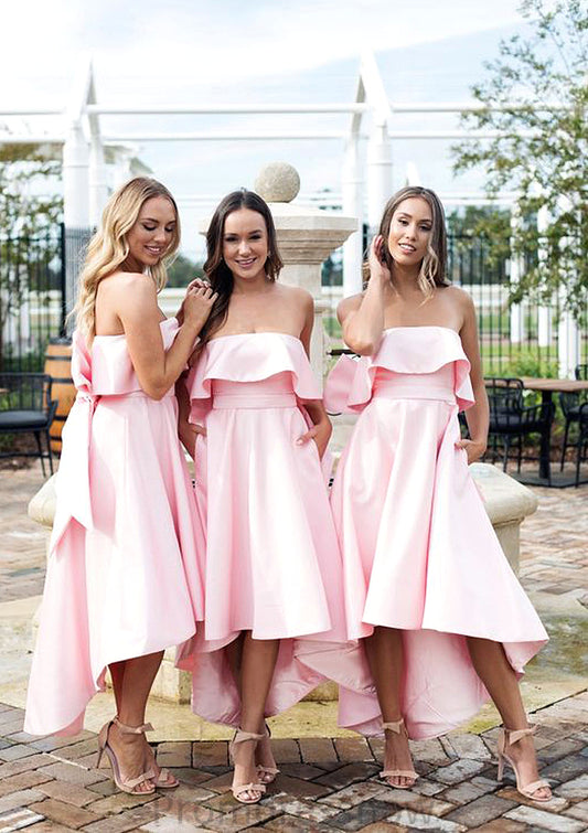 Sleeveless Strapless Asymmetrical A-line/Princess Satin Bridesmaid Dresseses With Bowknot Ruffles Destinee HPP0025539