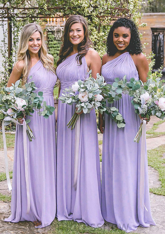 One-Shoulder A-Line/Princess Long/Floor-Length Chiffon Bridesmaid Dresses With Pleated Harley HPP0025544