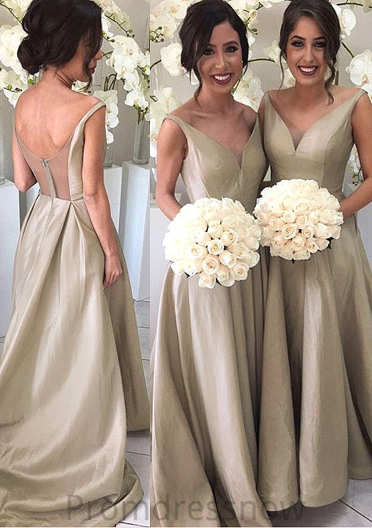 A-Line/Princess Sleeveless V-Neck Zipper Sweep Train Taffeta Bridesmaid Dresses Elianna HPP0025548