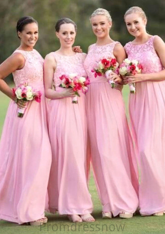 A-Line/Princess Bateau Long/Floor-Length Chiffon Bridesmaid Dresses With Lace Evangeline HPP0025552