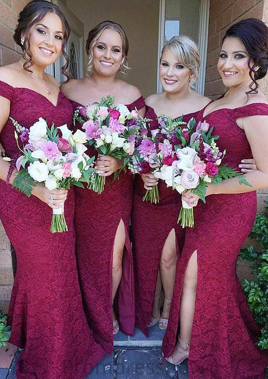 Sleeveless Off-the-Shoulder Long/Floor-Length Trumpet/Mermaid Lace Bridesmaid Dresseses With Split Mildred HPP0025562