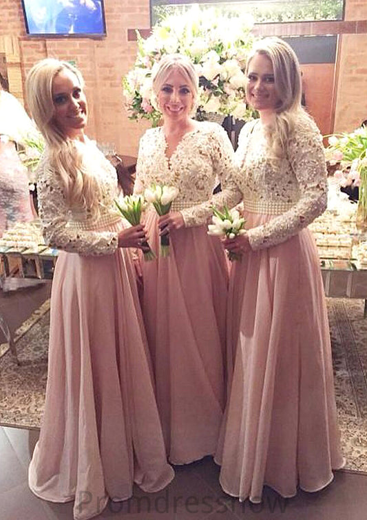 Full/Long Sleeve Scalloped Neck A-line/Princess Chiffon Long/Floor-Length Bridesmaid Dresseses With Beading Lace Suzanne HPP0025602