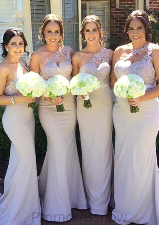 Sleeveless One-Shoulder Long/Floor-Length Trumpet/Mermaid Elastic Satin Bridesmaid Dresseses With Lace Salma HPP0025605