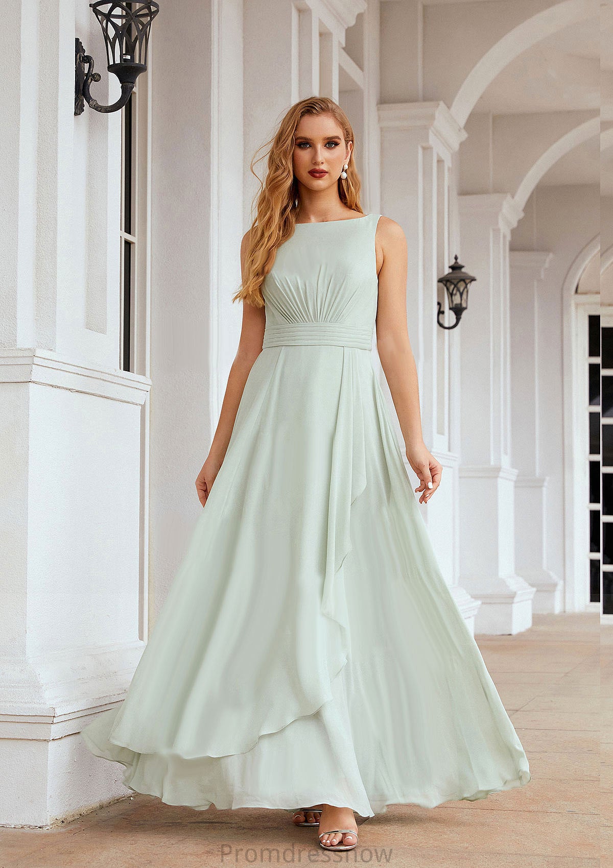 A-line Bateau Sleeveless Chiffon Long/Floor-Length Bridesmaid Dresses Ruffles Pleated Rosalind HPP0025608