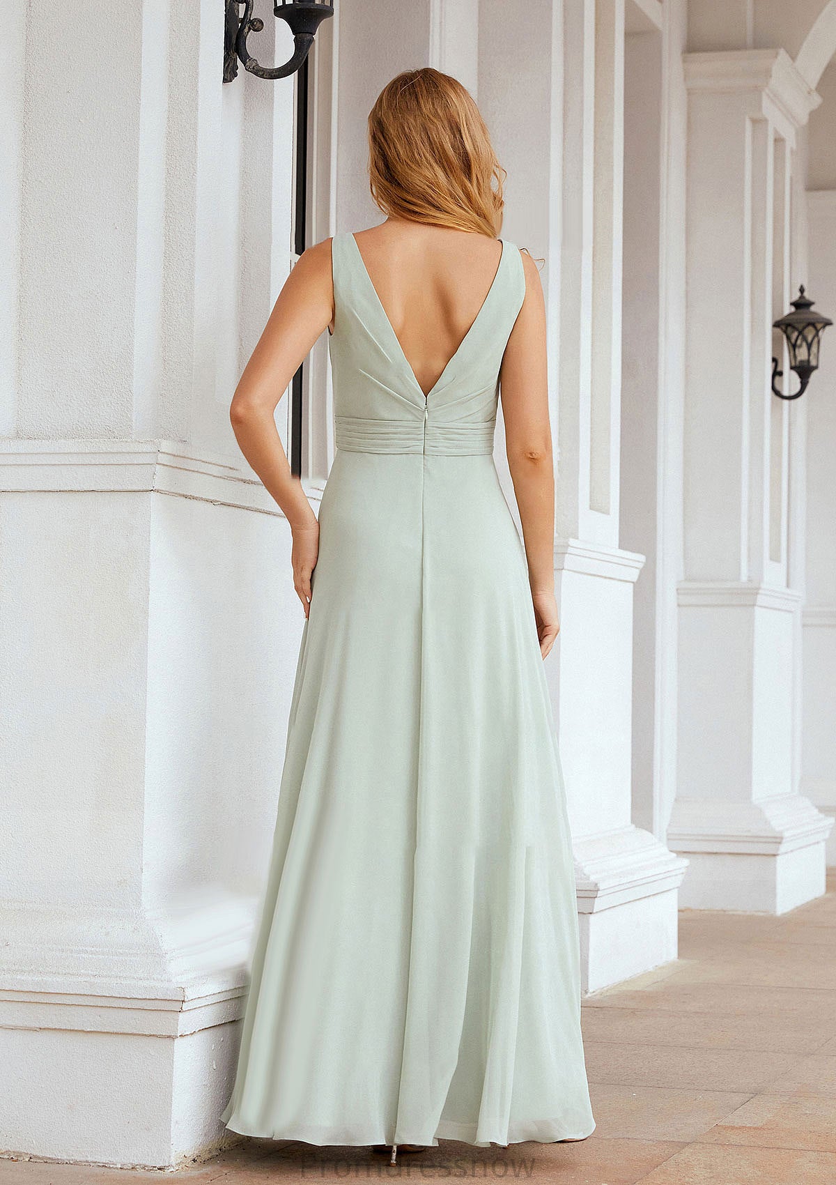 A-line Bateau Sleeveless Chiffon Long/Floor-Length Bridesmaid Dresses Ruffles Pleated Rosalind HPP0025608