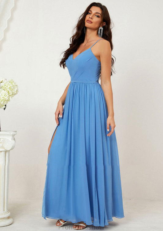 A-line V Neck Sleeveless Chiffon Long/Floor-Length Bridesmaid Dresses With Pleated Split Cornelia HPP0025609