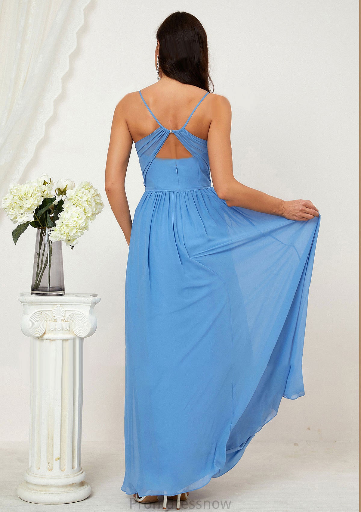 A-line V Neck Sleeveless Chiffon Long/Floor-Length Bridesmaid Dresses With Pleated Split Cornelia HPP0025609