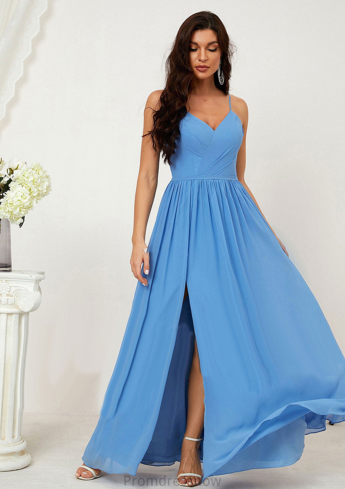 A-line V Neck Sleeveless Chiffon Long/Floor-Length Bridesmaid Dresses With Pleated Split Cornelia HPP0025609