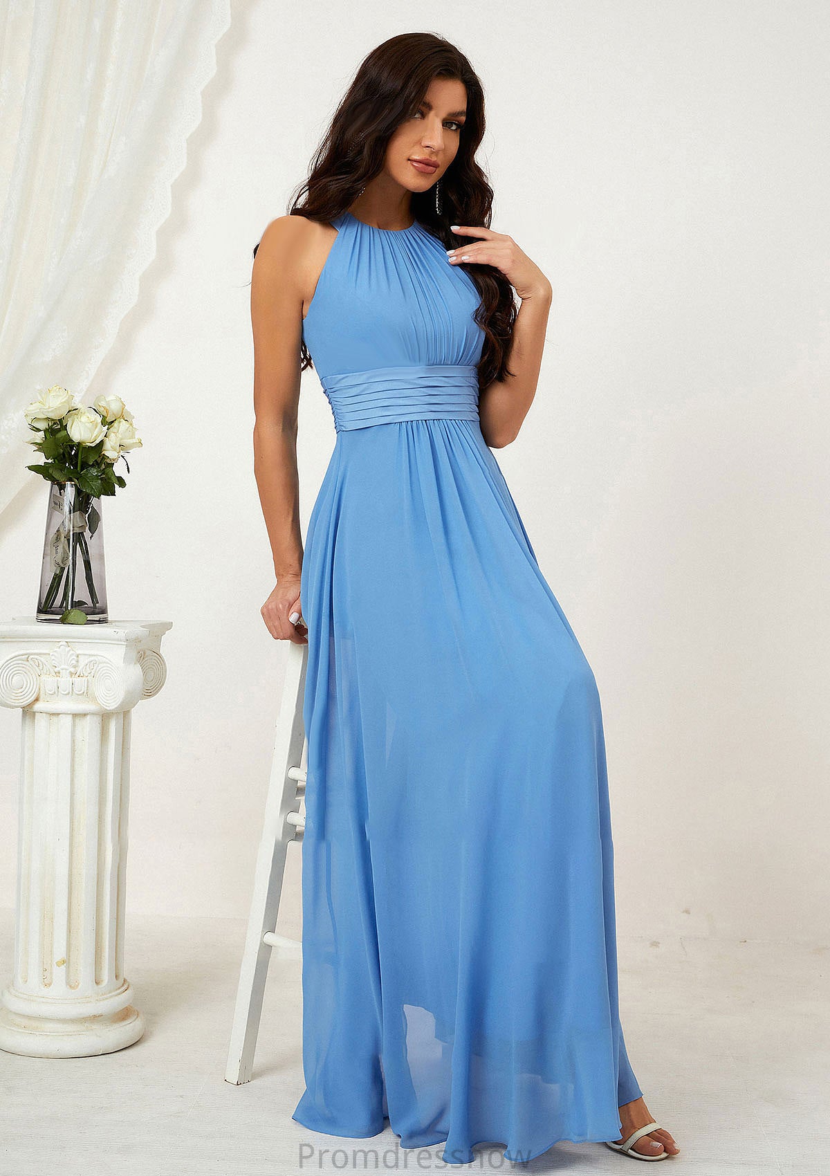 A-line Halter Sleeveless Chiffon Long/Floor-Length Bridesmaid Dresses With Pleated Alison HPP0025610