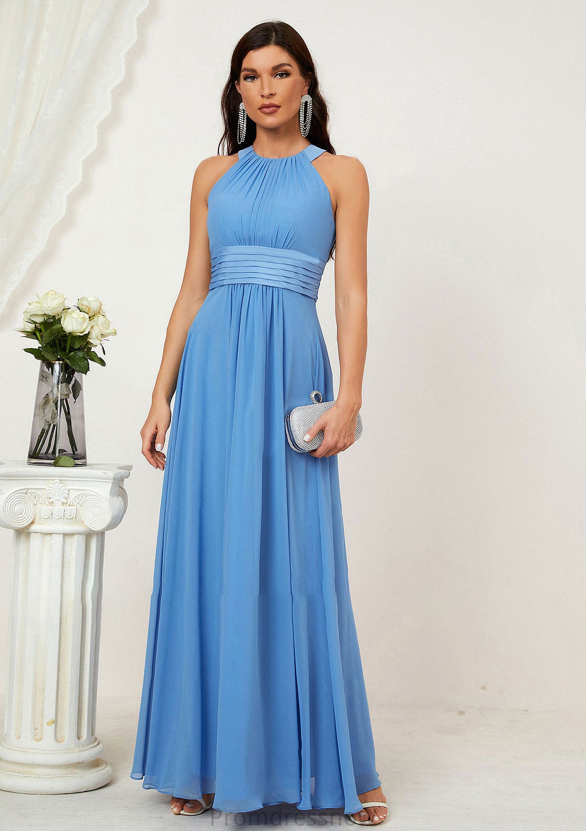 A-line Halter Sleeveless Chiffon Long/Floor-Length Bridesmaid Dresses With Pleated Alison HPP0025610