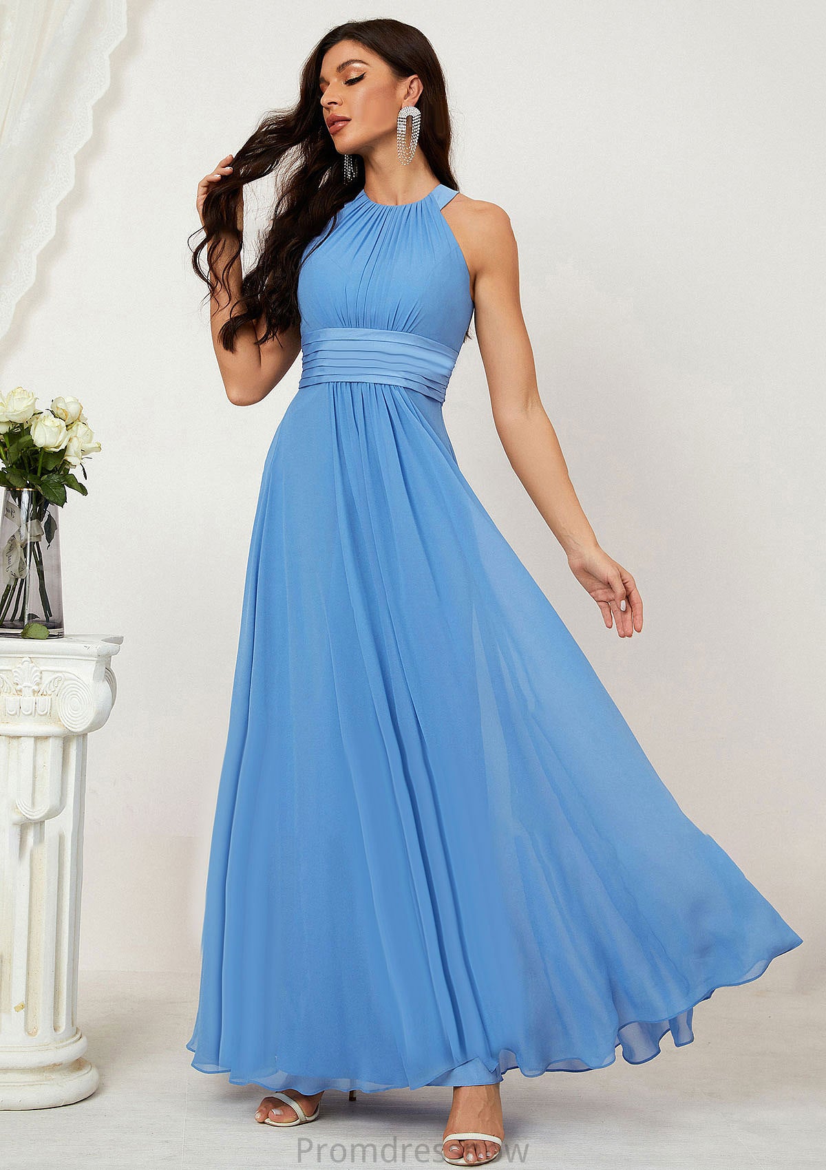 A-line Halter Sleeveless Chiffon Long/Floor-Length Bridesmaid Dresses With Pleated Alison HPP0025610