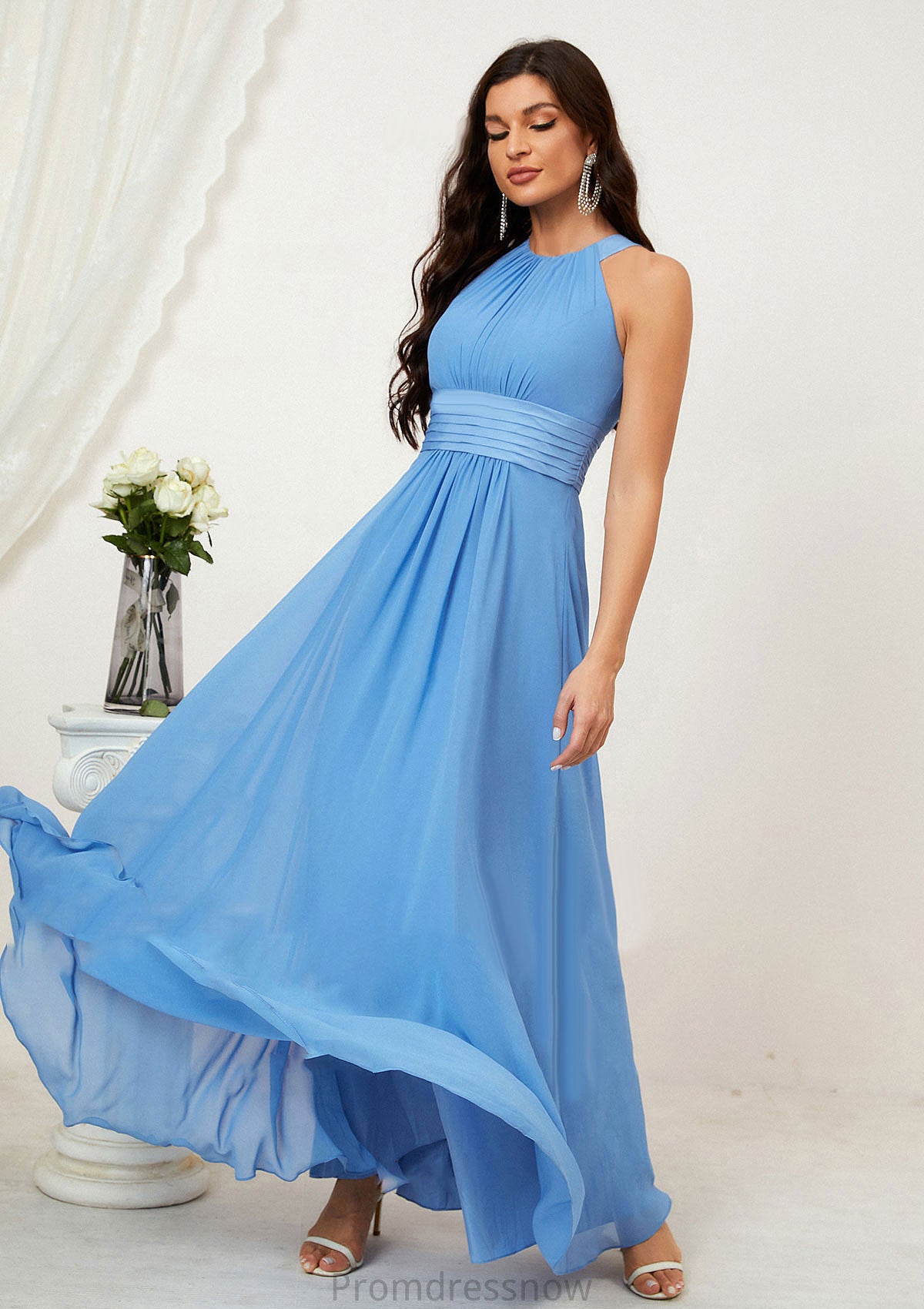 A-line Halter Sleeveless Chiffon Long/Floor-Length Bridesmaid Dresses With Pleated Alison HPP0025610