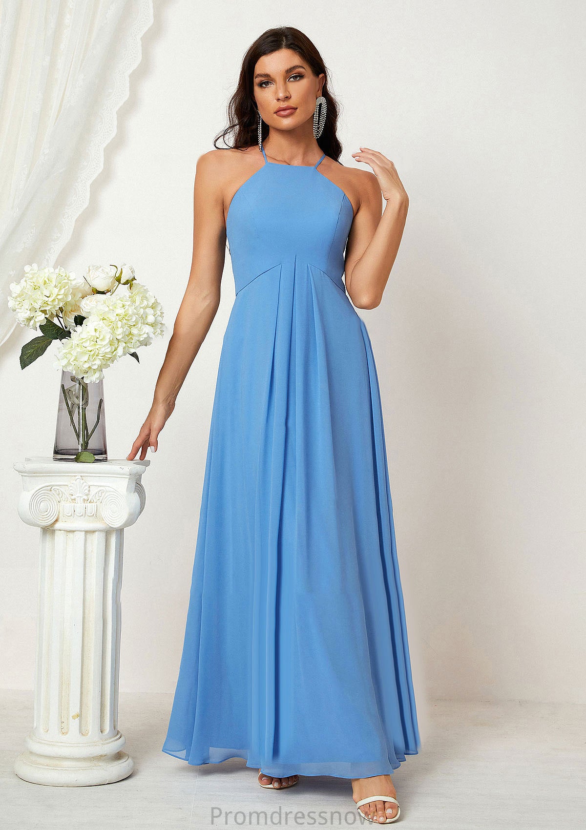 A-line Empire Halter Sleeveless Chiffon Long/Floor-Length Bridesmaid Dresses With Ruffles Breanna HPP0025611