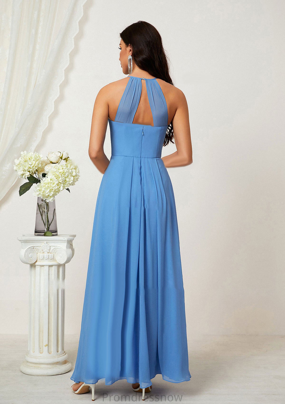 A-line Empire Halter Sleeveless Chiffon Long/Floor-Length Bridesmaid Dresses With Ruffles Breanna HPP0025611