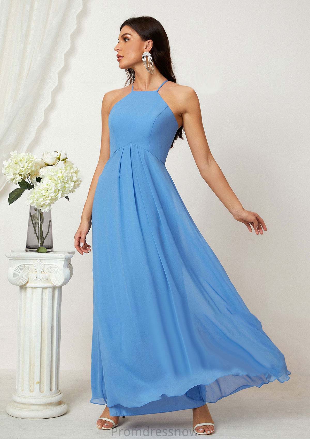 A-line Empire Halter Sleeveless Chiffon Long/Floor-Length Bridesmaid Dresses With Ruffles Breanna HPP0025611