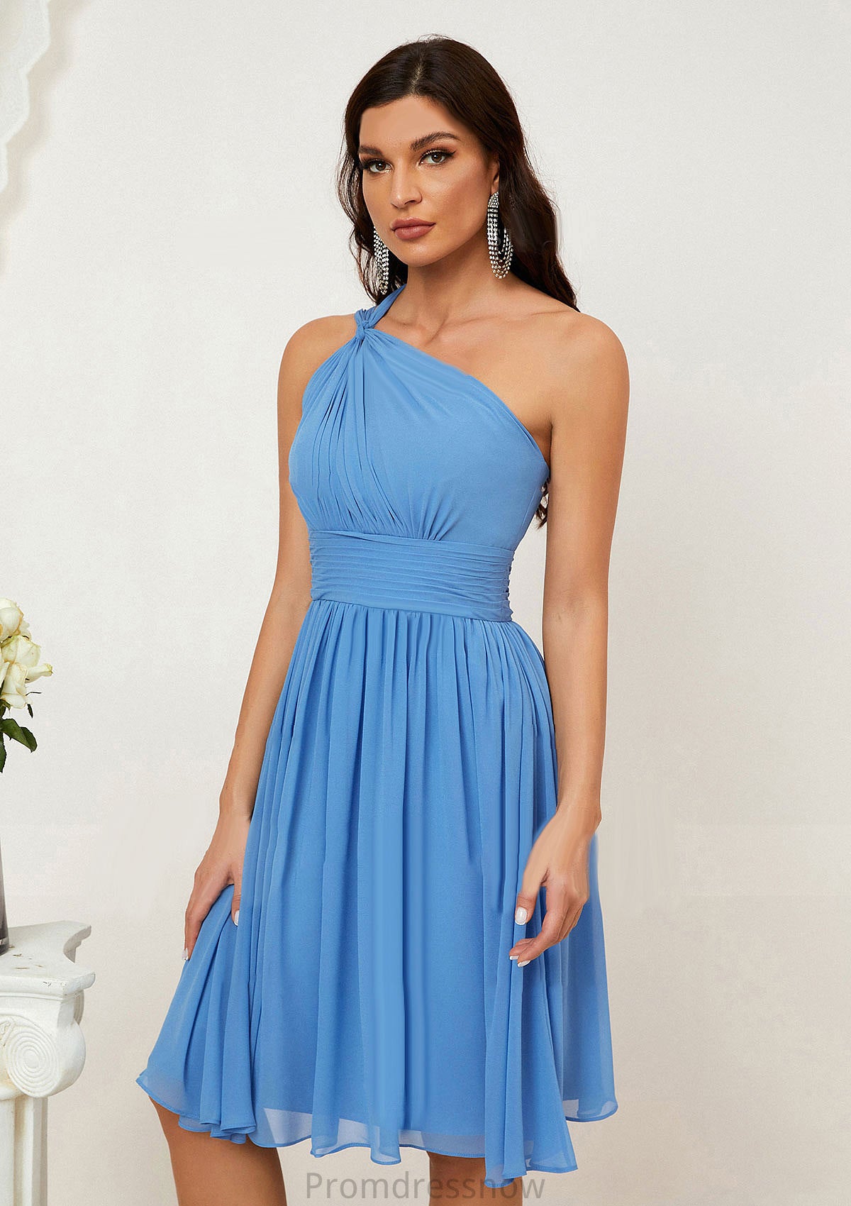 A-line One-Shoulder Sleeveless Chiffon Knee-Length Bridesmaid Dresses With Pleated Esther HPP0025612