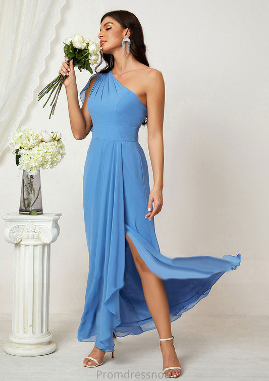 A-line One-Shoulder Sleeveless Chiffon Long/Floor-Length Bridesmaid Dresses With Pleated Split Summer HPP0025613