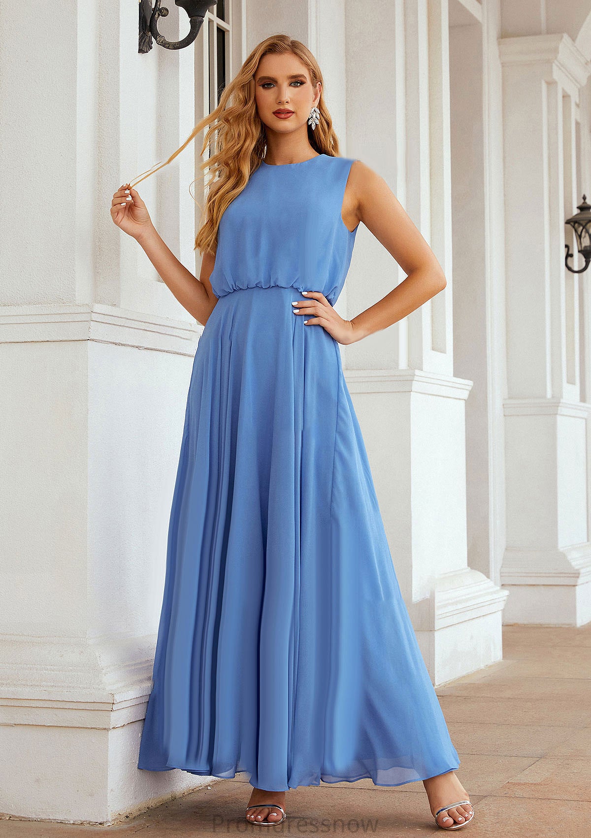 A-line Scoop Neck Sleeveless Chiffon Long/Floor-Length Bridesmaid Dresses Justine HPP0025618