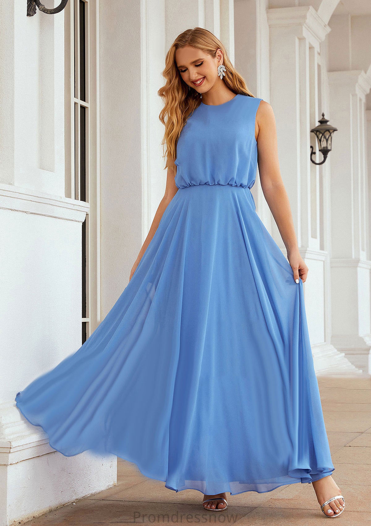 A-line Scoop Neck Sleeveless Chiffon Long/Floor-Length Bridesmaid Dresses Justine HPP0025618