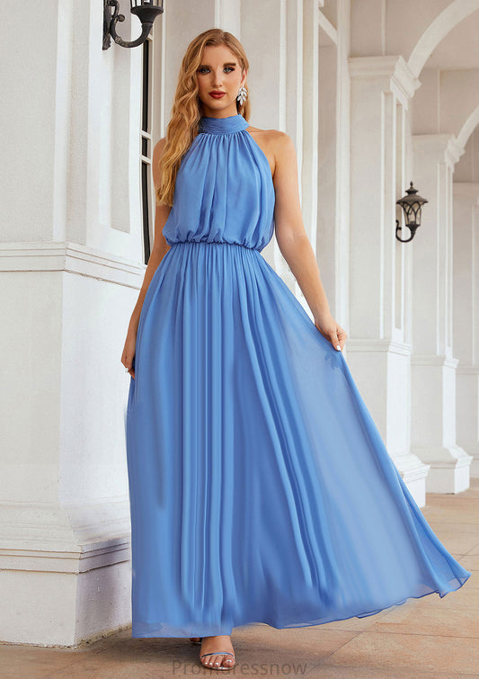 A-line Empire High-Neck Sleeveless Chiffon Long/Floor-Length Bridesmaid Dresses With Pleated Ashanti HPP0025619