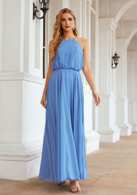 A-line Halter Sleeveless Chiffon Long/Floor-Length Bridesmaid Dresses With Pleated Kenley HPP0025621