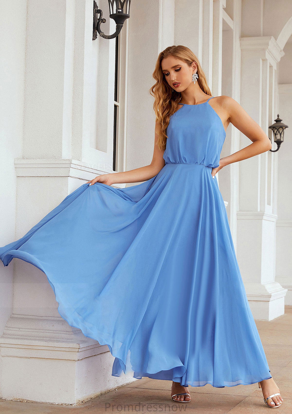 A-line Halter Sleeveless Chiffon Long/Floor-Length Bridesmaid Dresses With Pleated Kenley HPP0025621