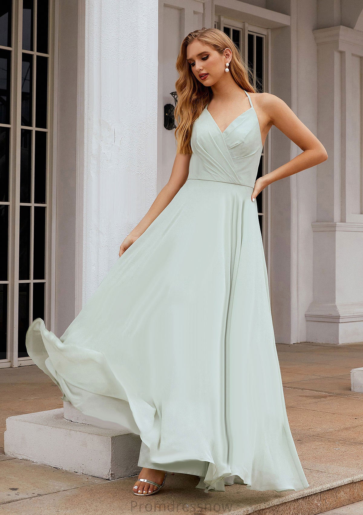 A-line Halter Sleeveless Chiffon Long/Floor-Length Bridesmaid Dresses With Pleated Ruffles Joselyn HPP0025623