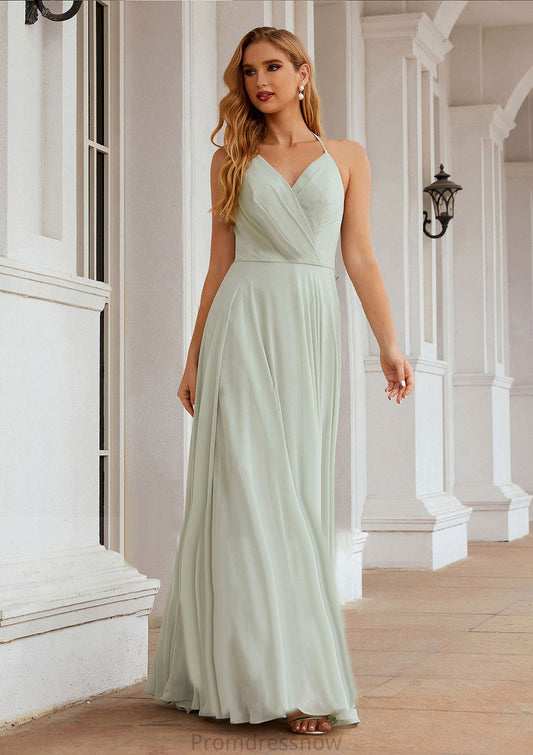 A-line Halter Sleeveless Chiffon Long/Floor-Length Bridesmaid Dresses With Pleated Ruffles Joselyn HPP0025623