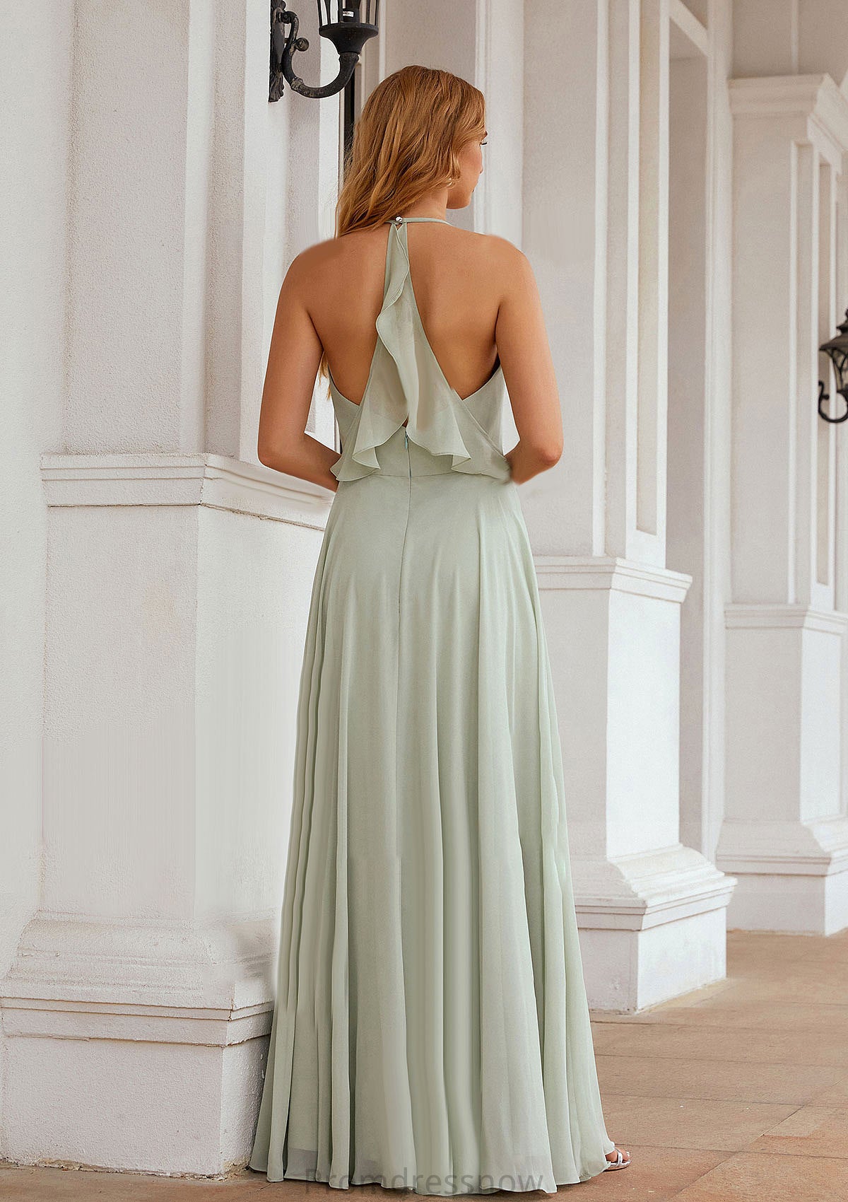 A-line Halter Sleeveless Chiffon Long/Floor-Length Bridesmaid Dresses With Pleated Ruffles Joselyn HPP0025623