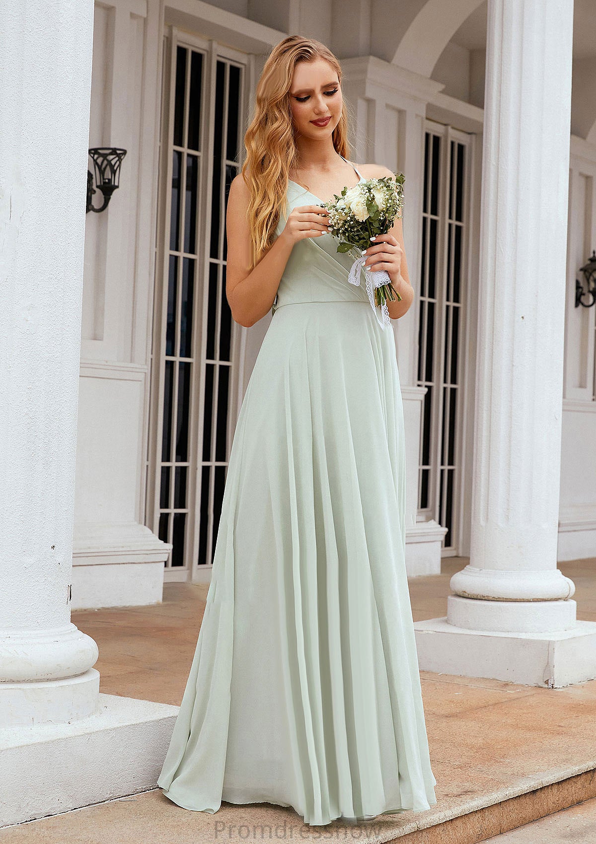 A-line Halter Sleeveless Chiffon Long/Floor-Length Bridesmaid Dresses With Pleated Ruffles Joselyn HPP0025623